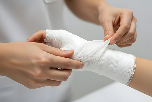 患者の手に包帯を巻く医師のイメージ